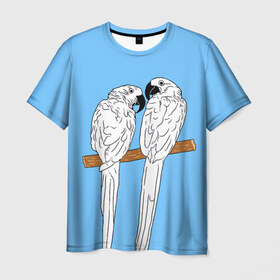 Мужская футболка 3D с принтом Белые попугаи в Тюмени, 100% полиэфир | прямой крой, круглый вырез горловины, длина до линии бедер | bird | parrot | tropical | wings | азия | ара | джунгли | дикие | животные | клюв | крылья | латинская | летние | лето | небесный | острова | отдых | пальмы | перья | попугаи | попугай | птица | птичка | райские | тропики