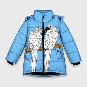 Зимняя куртка для девочек 3D с принтом Белые попугаи в Тюмени, ткань верха — 100% полиэстер; подклад — 100% полиэстер, утеплитель — 100% полиэстер. | длина ниже бедра, удлиненная спинка, воротник стойка и отстегивающийся капюшон. Есть боковые карманы с листочкой на кнопках, утяжки по низу изделия и внутренний карман на молнии. 

Предусмотрены светоотражающий принт на спинке, радужный светоотражающий элемент на пуллере молнии и на резинке для утяжки. | bird | parrot | tropical | wings | азия | ара | джунгли | дикие | животные | клюв | крылья | латинская | летние | лето | небесный | острова | отдых | пальмы | перья | попугаи | попугай | птица | птичка | райские | тропики