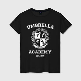 Женская футболка хлопок с принтом Академия Амбрелла в Тюмени, 100% хлопок | прямой крой, круглый вырез горловины, длина до линии бедер, слегка спущенное плечо | umbrella | umbrella academy | академия амбрелла | амбрелла | герб