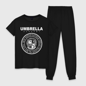 Женская пижама хлопок с принтом Академия Амбрелла в Тюмени, 100% хлопок | брюки и футболка прямого кроя, без карманов, на брюках мягкая резинка на поясе и по низу штанин | umbrella | umbrella academy | академия амбрелла | амбрелла | герб