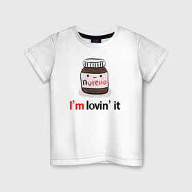 Детская футболка хлопок с принтом Nutella в Тюмени, 100% хлопок | круглый вырез горловины, полуприлегающий силуэт, длина до линии бедер | Тематика изображения на принте: nutella | вкусно | вкусняшка | любовь | нутелла | нутэлла | сладкое