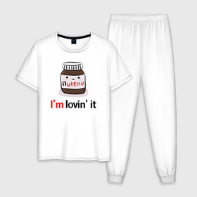 Мужская пижама хлопок с принтом Nutella в Тюмени, 100% хлопок | брюки и футболка прямого кроя, без карманов, на брюках мягкая резинка на поясе и по низу штанин
 | nutella | вкусно | вкусняшка | любовь | нутелла | нутэлла | сладкое