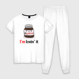 Женская пижама хлопок с принтом Nutella в Тюмени, 100% хлопок | брюки и футболка прямого кроя, без карманов, на брюках мягкая резинка на поясе и по низу штанин | nutella | вкусно | вкусняшка | любовь | нутелла | нутэлла | сладкое