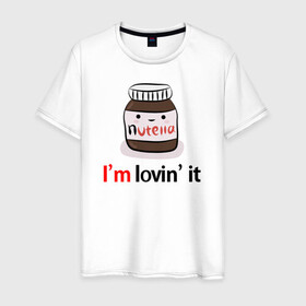 Мужская футболка хлопок с принтом Nutella в Тюмени, 100% хлопок | прямой крой, круглый вырез горловины, длина до линии бедер, слегка спущенное плечо. | nutella | вкусно | вкусняшка | любовь | нутелла | нутэлла | сладкое