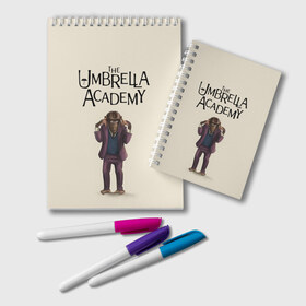 Блокнот с принтом The umbrella academy в Тюмени, 100% бумага | 48 листов, плотность листов — 60 г/м2, плотность картонной обложки — 250 г/м2. Листы скреплены удобной пружинной спиралью. Цвет линий — светло-серый
 | dark horse comics | netflix | the umbrella academy | umbrella | академия амбрелла | белая скрипка | бен харгривз | комикс | комильфо | космобой | кракен | реджинальд харгривз | сеанс | слух