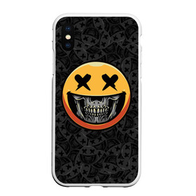 Чехол для iPhone XS Max матовый с принтом Смайлик на черепе (Emoji) в Тюмени, Силикон | Область печати: задняя сторона чехла, без боковых панелей | Тематика изображения на принте: аська | весёлый | гамлет | голова | графика | жёлтый | иконка | колобок | кости | кость | круг | мозг | настроение | печаль | печалька | пираты | радость | родже | рожица | скелет | скобка | смайл | смех