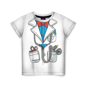 Детская футболка 3D с принтом Докторский халат в Тюмени, 100% гипоаллергенный полиэфир | прямой крой, круглый вырез горловины, длина до линии бедер, чуть спущенное плечо, ткань немного тянется | cosplay | doctor | surgeon | бабочка | больничный | в виде врача | врач | врача | врачебный | госпиталь | для ролевых игр | доктор | доктора | докторский | карманы | косплей | костюм врача | стетоскоп | халат