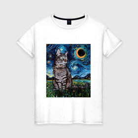 Женская футболка хлопок с принтом Кот Ван Гога в Тюмени, 100% хлопок | прямой крой, круглый вырез горловины, длина до линии бедер, слегка спущенное плечо | art | arts | cat | cats | kitten | kitty | nature | night | pussycat | van gogh | vincent | ван гог | ван гога | винсент | звездная ночь | звезды | искусство | картина | картины | кот | коты | котяра | кошка | кошки | на фоне | ночь | пародий