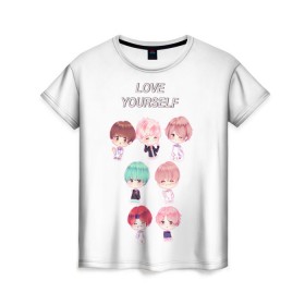 Женская футболка 3D с принтом BTS Love Yourself в Тюмени, 100% полиэфир ( синтетическое хлопкоподобное полотно) | прямой крой, круглый вырез горловины, длина до линии бедер | bts | k pop | love | love yourself | битиес