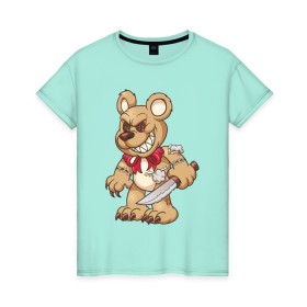 Женская футболка хлопок с принтом Медведь с ножом в Тюмени, 100% хлопок | прямой крой, круглый вырез горловины, длина до линии бедер, слегка спущенное плечо | медведь | медведь с ножом | мишка | мишка с ножом | плюшевый медведь | плюшевый медведь с ножом | плюшевый мишка с ножом