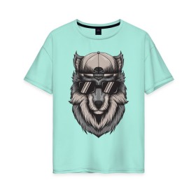 Женская футболка хлопок Oversize с принтом Волк в очках в Тюмени, 100% хлопок | свободный крой, круглый ворот, спущенный рукав, длина до линии бедер
 | wolf | волк | волк в кепке | волк в кепке и очках | волк в очках | голова волка | крутой волк