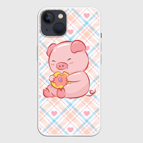 Чехол для iPhone 13 с принтом Свинка ест пончик в Тюмени,  |  | Тематика изображения на принте: арт | еда | животное | животные | картинка | кушать | люблю покупать | милая | обжора | обжорство | рисунок | свинина | свинка | свиньи | свинья | свинюшка | толстая | толстый