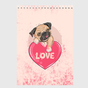 Скетчбук с принтом Love Pug (Z) в Тюмени, 100% бумага
 | 48 листов, плотность листов — 100 г/м2, плотность картонной обложки — 250 г/м2. Листы скреплены сверху удобной пружинной спиралью | Тематика изображения на принте: dog | doggie | doggy | mops | pug | декоративная собака | друг человека | другу | кинолог | лабрадор | малые молоссоиды | мопс | мопсик | мохнатый | пес | пёсель | пёсик | подарок | подруге | собака | собакен | собаки