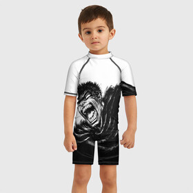 Детский купальный костюм 3D с принтом Гатс в ярости в Тюмени, Полиэстер 85%, Спандекс 15% | застежка на молнии на спине | Тематика изображения на принте: berserk | берсерк | гатс | черный мечник | ярость