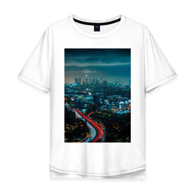 Мужская футболка хлопок Oversize с принтом Ночной мегаполис в Тюмени, 100% хлопок | свободный крой, круглый ворот, “спинка” длиннее передней части | город | небо. мегаполис | неон | ночь | огни