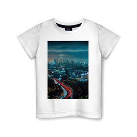 Детская футболка хлопок с принтом Ночной мегаполис в Тюмени, 100% хлопок | круглый вырез горловины, полуприлегающий силуэт, длина до линии бедер | город | небо. мегаполис | неон | ночь | огни