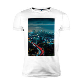 Мужская футболка хлопок Slim с принтом Ночной мегаполис в Тюмени, 92% хлопок, 8% лайкра | приталенный силуэт, круглый вырез ворота, длина до линии бедра, короткий рукав | Тематика изображения на принте: город | небо. мегаполис | неон | ночь | огни