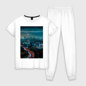 Женская пижама хлопок с принтом Ночной мегаполис в Тюмени, 100% хлопок | брюки и футболка прямого кроя, без карманов, на брюках мягкая резинка на поясе и по низу штанин | город | небо. мегаполис | неон | ночь | огни