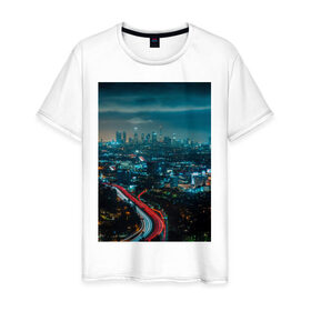 Мужская футболка хлопок с принтом Ночной мегаполис в Тюмени, 100% хлопок | прямой крой, круглый вырез горловины, длина до линии бедер, слегка спущенное плечо. | Тематика изображения на принте: город | небо. мегаполис | неон | ночь | огни