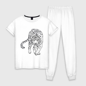 Женская пижама хлопок с принтом Тигр в Тюмени, 100% хлопок | брюки и футболка прямого кроя, без карманов, на брюках мягкая резинка на поясе и по низу штанин | белый тигр | бенгальский тигр | большие кошки | дикие кошки | крупные кошки | тигр