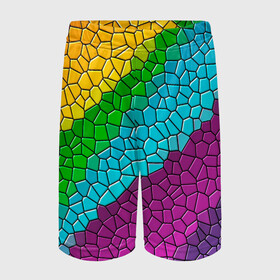 Детские спортивные шорты 3D с принтом Яркая мозаика в Тюмени,  100% полиэстер
 | пояс оформлен широкой мягкой резинкой, ткань тянется
 | желтый | зелёный | красный | мозаика | оранжевый | радуга | синий | фиолетовый | цвета | яркие | яркие цвета
