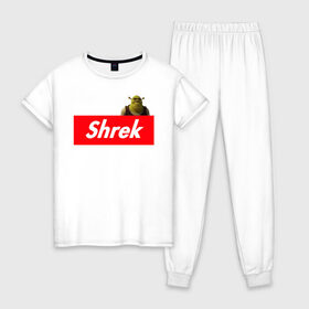 Женская пижама хлопок с принтом Shrek в Тюмени, 100% хлопок | брюки и футболка прямого кроя, без карманов, на брюках мягкая резинка на поясе и по низу штанин | shrek | shrek is life | мемы | огр кек | суприм | суприм лого | шрек
