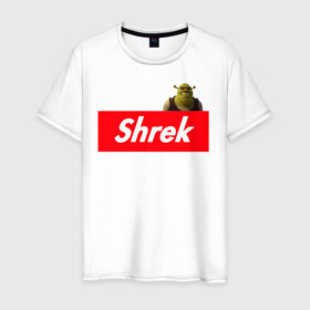 Мужская футболка хлопок с принтом Shrek в Тюмени, 100% хлопок | прямой крой, круглый вырез горловины, длина до линии бедер, слегка спущенное плечо. | shrek | shrek is life | мемы | огр кек | суприм | суприм лого | шрек