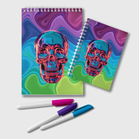 Блокнот с принтом Color skull в Тюмени, 100% бумага | 48 листов, плотность листов — 60 г/м2, плотность картонной обложки — 250 г/м2. Листы скреплены удобной пружинной спиралью. Цвет линий — светло-серый
 | color | jaw | neon | skull | teeth | vanguard | авангард | зубы | неон | пасть | цвет | череп