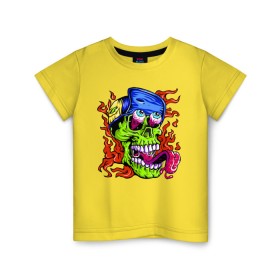 Детская футболка хлопок с принтом Cool skull в Тюмени, 100% хлопок | круглый вырез горловины, полуприлегающий силуэт, длина до линии бедер | eyes | fire | flame | grin | jaw | skull | teeth | tongue | глаза | зубы | огонь | оскал | пасть | пламя | череп | язык