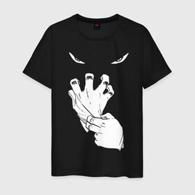 Мужская футболка хлопок с принтом Halloween в Тюмени, 100% хлопок | прямой крой, круглый вырез горловины, длина до линии бедер, слегка спущенное плечо. | eyes | ghost | gloves | halloween | глаза | перчатки | привидение | призрак | хэллоуин