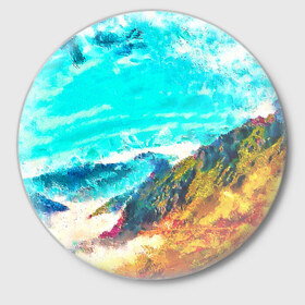 Значок с принтом Японские горы в Тюмени,  металл | круглая форма, металлическая застежка в виде булавки | art | japan | summer | азия | акварель | восток | восход | горы | деревья | искусство | картина | краски | красочный | лес | летние | лето | мазки | небесный | облака | пейзаж | природа | разноцветные | рассвет