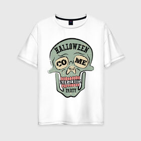 Женская футболка хлопок Oversize с принтом Retro в Тюмени, 100% хлопок | свободный крой, круглый ворот, спущенный рукав, длина до линии бедер
 | grin | halloween | jaw | party | retro | skull | teeth | вечеринка | зубы | оскал | пасть | ретро | хэллоуин | череп