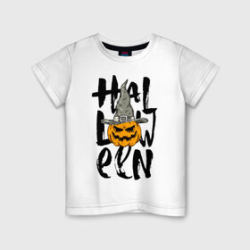 Детская футболка хлопок с принтом Halloween в Тюмени, 100% хлопок | круглый вырез горловины, полуприлегающий силуэт, длина до линии бедер | Тематика изображения на принте: eyes | halloween | hat | jaw | pumpkin | smile | глаза | пасть | тыква | улыбка | хэллоуин | шляпа