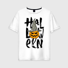 Женская футболка хлопок Oversize с принтом Halloween в Тюмени, 100% хлопок | свободный крой, круглый ворот, спущенный рукав, длина до линии бедер
 | eyes | halloween | hat | jaw | pumpkin | smile | глаза | пасть | тыква | улыбка | хэллоуин | шляпа