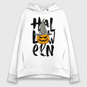 Женское худи Oversize хлопок с принтом Halloween в Тюмени, френч-терри — 70% хлопок, 30% полиэстер. Мягкий теплый начес внутри —100% хлопок | боковые карманы, эластичные манжеты и нижняя кромка, капюшон на магнитной кнопке | eyes | halloween | hat | jaw | pumpkin | smile | глаза | пасть | тыква | улыбка | хэллоуин | шляпа