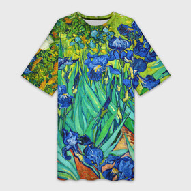 Платье-футболка 3D с принтом Ирисы Ван Гога в Тюмени,  |  | Тематика изображения на принте: vangogh | арт | вангог | ветки | винсент | девушкам | импрессионизм | ирисы | искусство | картина | лепестки | летние | лето | листья | масло | пейзаж | поле | природа | растения | рисунок | сад | солнце