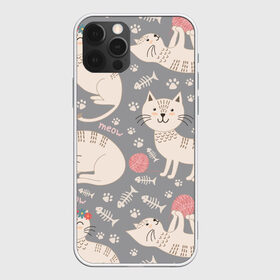 Чехол для iPhone 12 Pro Max с принтом Милые кошечки в Тюмени, Силикон |  | арт | венок | клубок | клубок ниток | клубочек | кот | кошечка | кошка | кошка в венке | кошка играет | лапки | милая кошечка | милая кошка | отпечатки | отпечатки лап | рисунок | рыбка | серая кошка