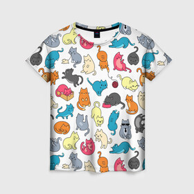 Женская футболка 3D с принтом Кошачья стая в Тюмени, 100% полиэфир ( синтетическое хлопкоподобное полотно) | прямой крой, круглый вырез горловины, длина до линии бедер | арт | белый | желтый | кот | коты | кошка | кошки | красный | рисунок | розовый | рыжий | серый | синий | цветные коты | цветные кошки | черный
