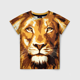 Детская футболка 3D с принтом Взгляд льва в Тюмени, 100% гипоаллергенный полиэфир | прямой крой, круглый вырез горловины, длина до линии бедер, чуть спущенное плечо, ткань немного тянется | арт | грива | деко | жедтая | животные | закат | зверей | золото | кошка | лев | лето | львенок | неоновая | очки | пляж | прайд | разноцветная | солнце | тигр | узоры | царь | яркие