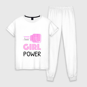 Женская пижама хлопок с принтом GRL PWR (Z) в Тюмени, 100% хлопок | брюки и футболка прямого кроя, без карманов, на брюках мягкая резинка на поясе и по низу штанин | Тематика изображения на принте: emancipatio | feminism | girl power | girl to the power | mint juleps | spice girls | девичья сила | детерминизм | дискриминации женщин | кретинизм | неравенства полов | фемина | феминизация | феминизм | феминистка | феминность