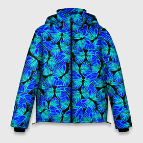 Мужская зимняя куртка 3D с принтом Голубые бабочки в Тюмени, верх — 100% полиэстер; подкладка — 100% полиэстер; утеплитель — 100% полиэстер | длина ниже бедра, свободный силуэт Оверсайз. Есть воротник-стойка, отстегивающийся капюшон и ветрозащитная планка. 

Боковые карманы с листочкой на кнопках и внутренний карман на молнии. | angel | butterfly | pattern | summer | wings | ангел | бабочка | бабочки | животные | крылышки | крылья | летающие | летние | магия | махаон | мотылек | насекомые | небесные | неон | неоновые | паттерн | природа