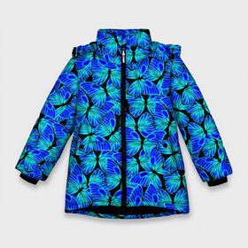 Зимняя куртка для девочек 3D с принтом Голубые бабочки в Тюмени, ткань верха — 100% полиэстер; подклад — 100% полиэстер, утеплитель — 100% полиэстер. | длина ниже бедра, удлиненная спинка, воротник стойка и отстегивающийся капюшон. Есть боковые карманы с листочкой на кнопках, утяжки по низу изделия и внутренний карман на молнии. 

Предусмотрены светоотражающий принт на спинке, радужный светоотражающий элемент на пуллере молнии и на резинке для утяжки. | Тематика изображения на принте: angel | butterfly | pattern | summer | wings | ангел | бабочка | бабочки | животные | крылышки | крылья | летающие | летние | магия | махаон | мотылек | насекомые | небесные | неон | неоновые | паттерн | природа