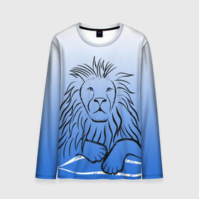 Мужской лонгслив 3D с принтом MY KINGDOM в Тюмени, 100% полиэстер | длинные рукава, круглый вырез горловины, полуприлегающий силуэт | lion | градиент | контурный рисунок | лев | лев по гороскопу | на синем фоне | подарить льву
