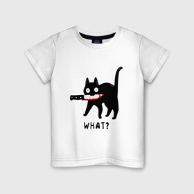 Детская футболка хлопок с принтом WHAT & CAT в Тюмени, 100% хлопок | круглый вырез горловины, полуприлегающий силуэт, длина до линии бедер | Тематика изображения на принте: art | black | black cat | cat | dark | dark cat | what | what cat | what mem | арт | вопрос | интернет мем | кот | кот арт | кот мем | кошачье лицо | кошачья мордочка | мем | нож | прикол | прикольный кот | убица | чёрный | чёрный кот