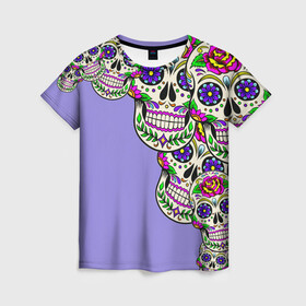 Женская футболка 3D с принтом Calavera 2 в Тюмени, 100% полиэфир ( синтетическое хлопкоподобное полотно) | прямой крой, круглый вырез горловины, длина до линии бедер | color | краски | мексиканский | череп