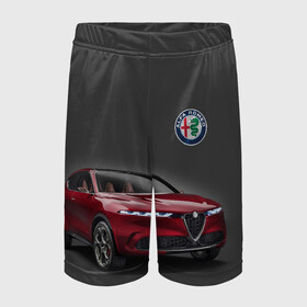 Детские спортивные шорты 3D с принтом Alfa Romeo в Тюмени,  100% полиэстер
 | пояс оформлен широкой мягкой резинкой, ткань тянется
 | alfa romeo | car | italy | prestige | автомобиль | альфа ромео | италия | престиж