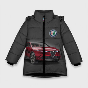 Зимняя куртка для девочек 3D с принтом Alfa Romeo в Тюмени, ткань верха — 100% полиэстер; подклад — 100% полиэстер, утеплитель — 100% полиэстер. | длина ниже бедра, удлиненная спинка, воротник стойка и отстегивающийся капюшон. Есть боковые карманы с листочкой на кнопках, утяжки по низу изделия и внутренний карман на молнии. 

Предусмотрены светоотражающий принт на спинке, радужный светоотражающий элемент на пуллере молнии и на резинке для утяжки. | alfa romeo | car | italy | prestige | автомобиль | альфа ромео | италия | престиж