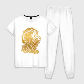 Женская пижама хлопок с принтом Лев в Тюмени, 100% хлопок | брюки и футболка прямого кроя, без карманов, на брюках мягкая резинка на поясе и по низу штанин | лев