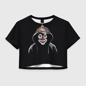 Женская футболка Crop-top 3D с принтом Клоун в шапочке в Тюмени, 100% полиэстер | круглая горловина, длина футболки до линии талии, рукава с отворотами | Тематика изображения на принте: 5g вышки | клоун | связь | фобия | фольга
