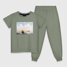 Детская пижама хлопок с принтом картина Айвазовского в Тюмени, 100% хлопок |  брюки и футболка прямого кроя, без карманов, на брюках мягкая резинка на поясе и по низу штанин
 | айвазовский | корабль | море | облака | рисунок